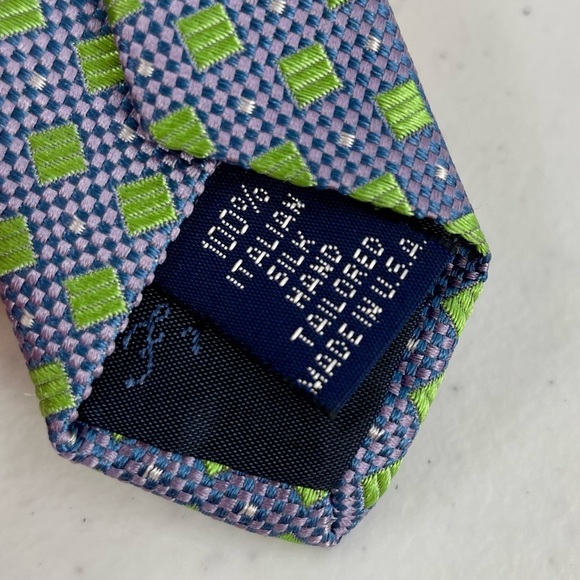 Paul Fredrick Italian Silk Made in USA Vintage Purple Green Geometric Tie - Picture 4 of 9